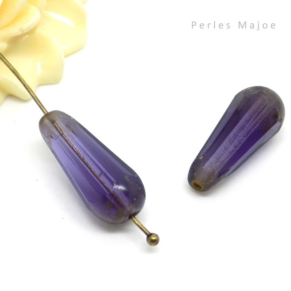 Perle tchèque goutte, verre poli au feu, translucide, tons violet, gris foncé, 20 x 9 mm, lot de 4