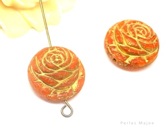 Cuenta checa rosa, flor, vidrio prensado, semitranslúcido, naranja, incrustación de bronce antiguo, 18 mm, juego de 2