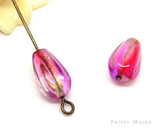 Perle tchèque goutte, melon, verre pressé, rose fuchsia , translucide, patine antique,13 x 8 mm, lot de 4