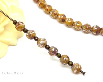 Perles tchèques rondes, verre pressé, divers tons miel, ambre, marron, argenté, patine, 4 mm, lot de 20