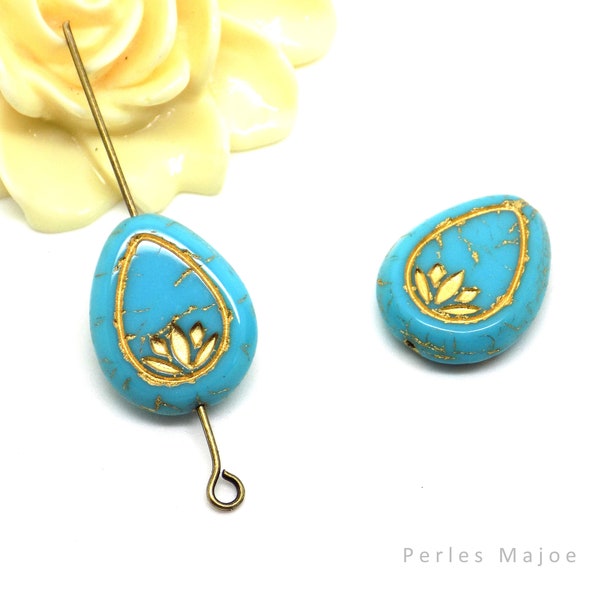 Perles tchèques fleurs de lotus, goutte, verre bleu turquoise, patine bronze, 18 x 14 mm, lot de 2