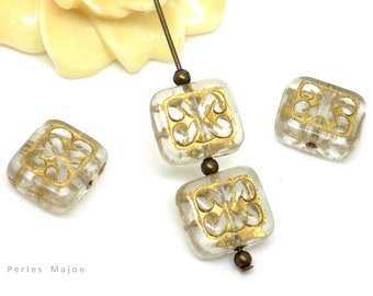 Perles tchèques rectangle, ornemental, en verre pressé, translucide, incrustation or antique, 11 x 12 mm, lot de 4