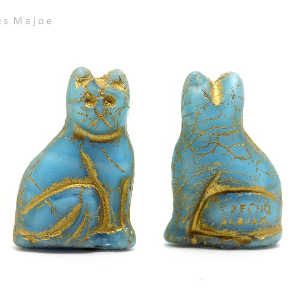 Perles tchèques chat, en verre pressé, artisanal, couleur bleu clair, patine bronze antique, lot de 2