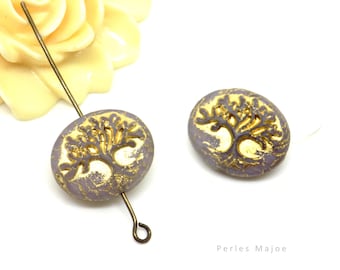 Czech tree of life bead, oval, pressed glass, blue tones, copper, patina, 18 x 14 mm, set of 2