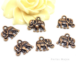 Elephant charm, Tibetan style, red copper color, 12 x 14 mm, set of 6