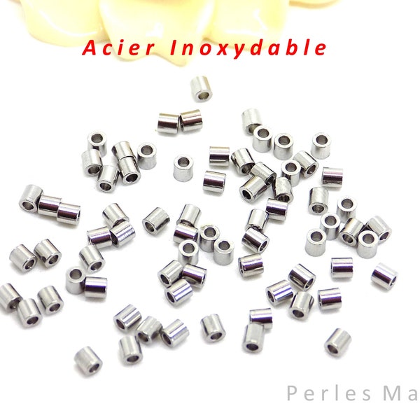 50 perles tube en acier inoxydable, dimensions 2 x 2 mm