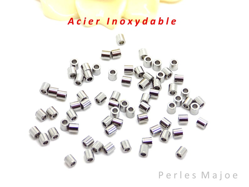 50 perles tube en acier inoxydable, dimensions 2 x 2 mm image 1