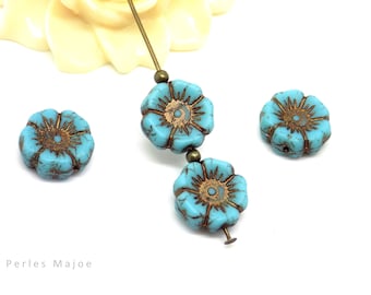 Perles tchèques fleurs hawaïennes, verre pressé, bleu turquoise, patine bronze antique, 12 mm, lot de 6 pièces