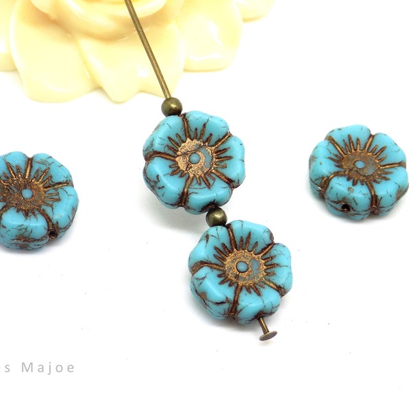 Perles tchèques fleurs hawaïennes, verre pressé, bleu turquoise, patine bronze antique, 12 mm, lot de 6 pièces