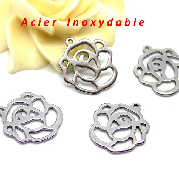 4 steel flower charm pendants stainless size 16 x 15 x 1 mm