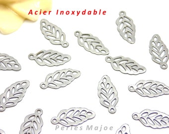 10 breloques feuilles fines en acier inoxydable