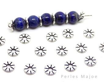 20 perles intercalaires disques rondes et plates décor fleur couleur argent antique