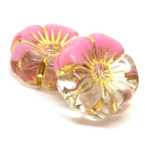 Czech Hawaiian flower beads, pressed glass, semi-translucent, pink, gold, patina, 16 mm, set of 2