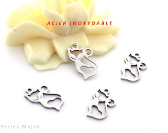 4 breloques chat en acier inoxydable, découpées au laser, dimensions 15 x 9 mm