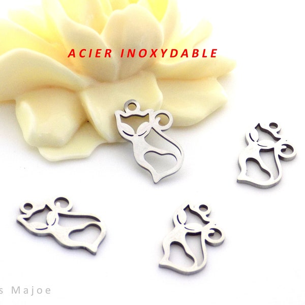 4 breloques chat en acier inoxydable, découpées au laser, dimensions 15 x 9 mm