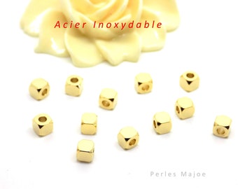 10 perles cube en acier inoxydable couleur or dimensions 4 x 4 x 4 mm