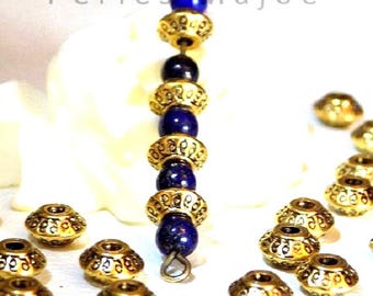 6 x perles toupie en métal décorées couleur or antique