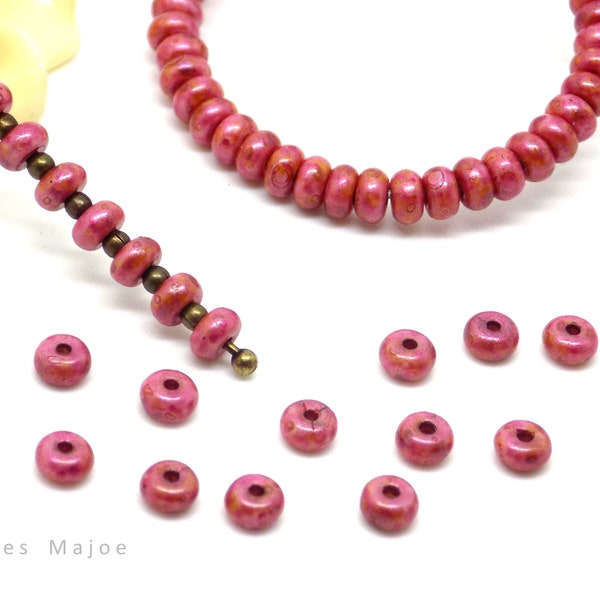 Perles tchèques rondelles, verre pressé, tons rose fuchsias, marron, diamètre 4 mm, lot de 30