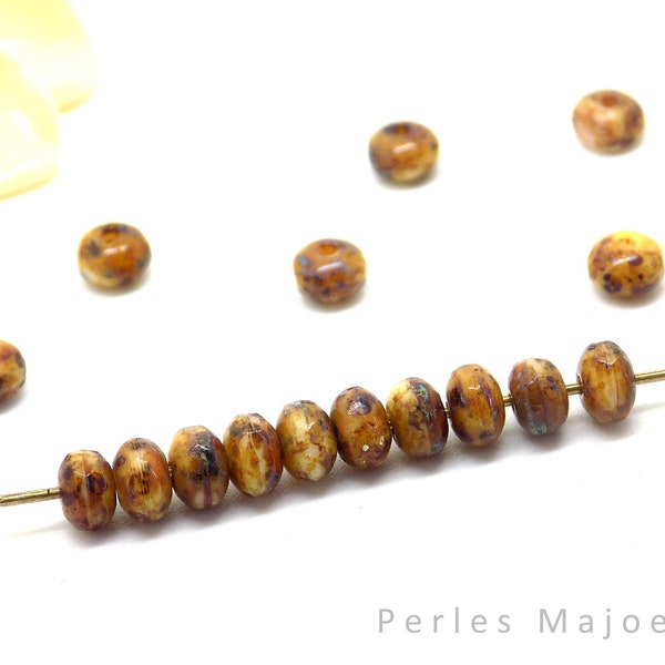 perles tchèques rondelles en verre pressé picasso tons marron ivoire bleu à facettes 5 x 3 mm lot de 20