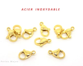 10 lobster clasps in gold-plated stainless steel dimensions 12 x7 mm