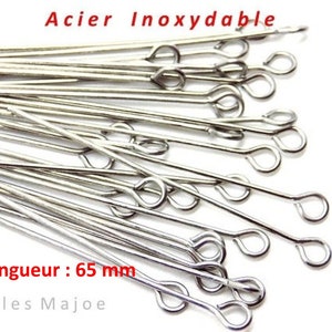 tiges oeil en acier inoxydable, longueur 65 mm, lot de 20