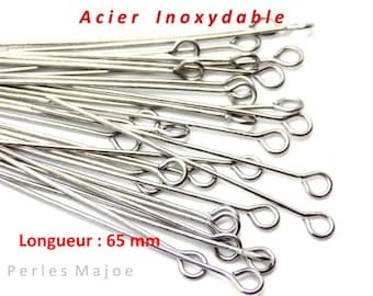 tiges oeil en acier inoxydable,  longueur 65  mm, lot de 20