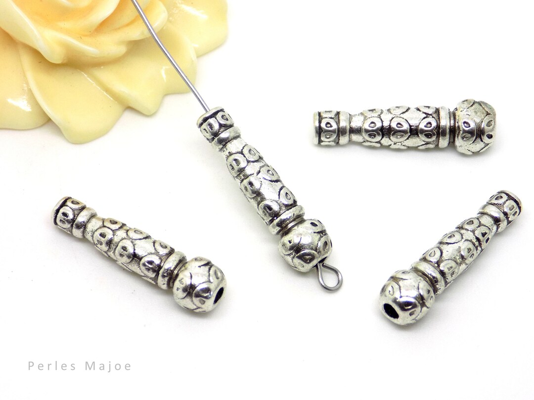 10 Perles Colonnes En Argent Tibétain Doré - 11x6 Mm - Neuf