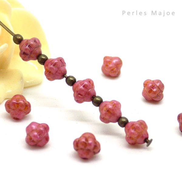 Perle tchèque lanterne, toupie, verre pressé, tons rose fuchsia, marron clair, patine, 6 x 6 mm, lot de 20