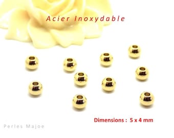 10 perles rondes en acier inoxydable couleur or dimensions 5 x 4 mm