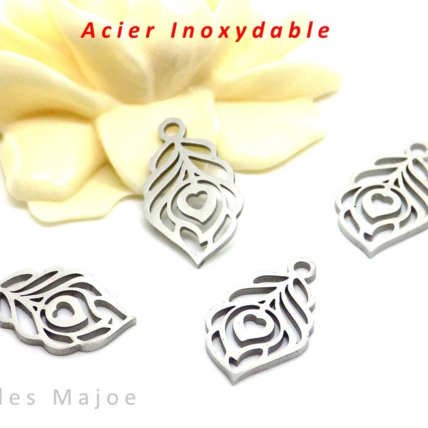 4 breloques plumes de paon en acier inoxydable dimensions : 17.7 x 10.4 x 1 mm