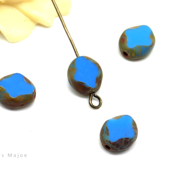 Perles tchèques ovales, croix, verre pressé, tons bleu turquoise, marron, patine, 9 x 8 mm, lot de 6