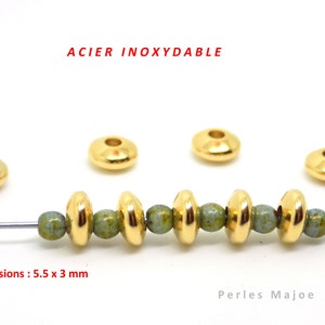 perles rondelles en acier inoxydable, bombées, intercalaires, couleur or, dimensions 5.5 x 3 mm, lot de 10 zdjęcie 1