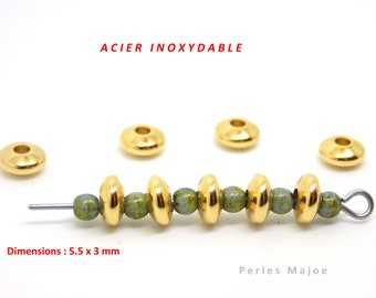 perles rondelles en acier inoxydable, bombées, intercalaires, couleur or, dimensions 5.5 x 3 mm, lot de 10