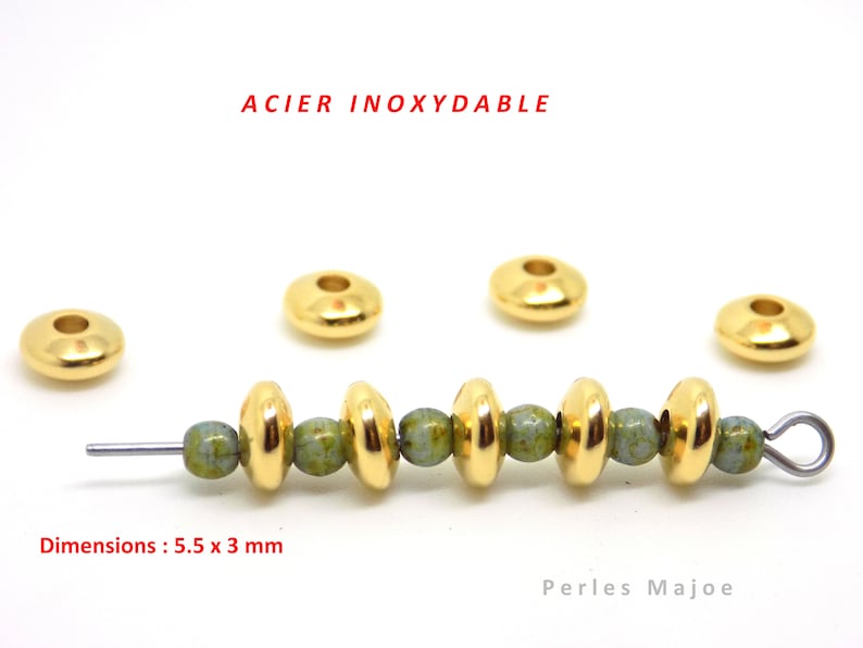 perles rondelles en acier inoxydable, bombées, intercalaires, couleur or, dimensions 5.5 x 3 mm, lot de 10 image 1