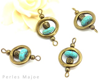 4 Connecteurs bronze avec perles en turquoise et perle bronze décorée