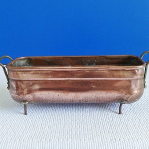 Rustic Vintage Copper Planter Jardiniere Rectangular with Pottery Floral Handles