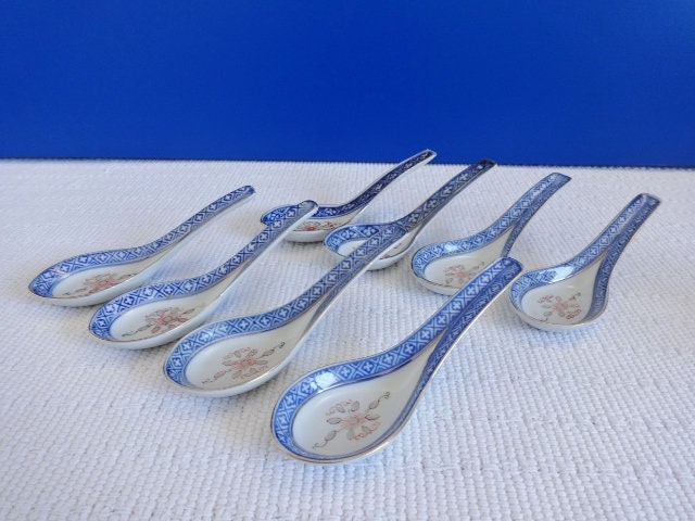 Set 8 Cucchiai Cinesi In Porcellana, Blu E Bianco, Da Tavola, Lavabili In Lavastoviglie E Microonde, 13x4 Cm - 2