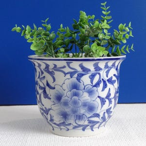 Op de afbeelding: Een witte keramische pot met een blauw-wit bloemenpatroon. De pot is gevuld met groene bladplanten.