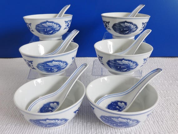 Lot De 6 Bols En Porcelaine + 6 Cuillères - Décor Chinois Bleu - Occasion