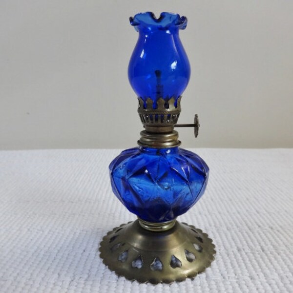 Small Cobalt Blue Glass Brass Oil Lamp