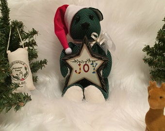 Handmade Christmas Teddy Bear: Green Cotton Holiday Decor
