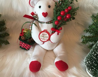 Handmade Christmas Teddy Bear: White Velour Holiday Decor, Collectible