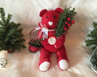 Handmade Christmas Teddy Bear: Red Velour Holiday Decor
