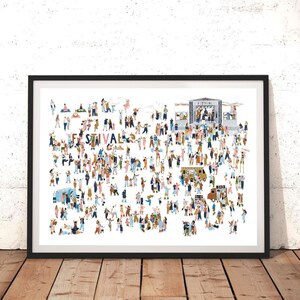 May include: A colorful illustration of a music festival with many people dancing, listening to music, and enjoying food and drinks. The illustration features a stage with a band playing, food trucks, and a variety of people in different outfits. The text "FESTIVAL" is written in the center of the illustration.