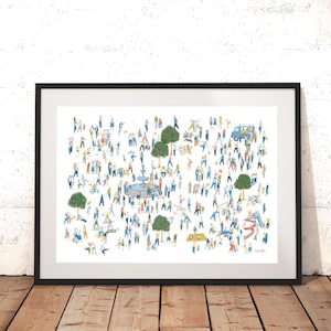 May include: A colorful illustration of a busy park scene with many people, trees, and a fountain. The people are drawn in a simple style and are engaged in various activities, such as walking, talking, playing, and relaxing.