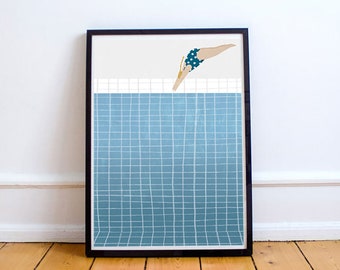 A3 Print, Art Prints, Artwork, Decor, Wall Art, Illustration, Swimmer Gift, Swimming Pool Art, Calming Wall Art, Summer, Series of Prints
