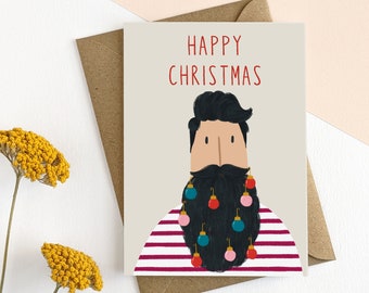 Christmas Card, Seasonal Stationery, Greeting Cards, Funny Christmas Card, Beard, Xmas Ornaments, Xmas Decorations, Illustration, Baubles