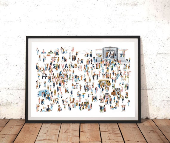 A3 Print, Wall Art, Detailed Painting, Festivals, Music Festival, Summer Vibes, Illustration, Large Wall Decor, Gouache Print, Gifts