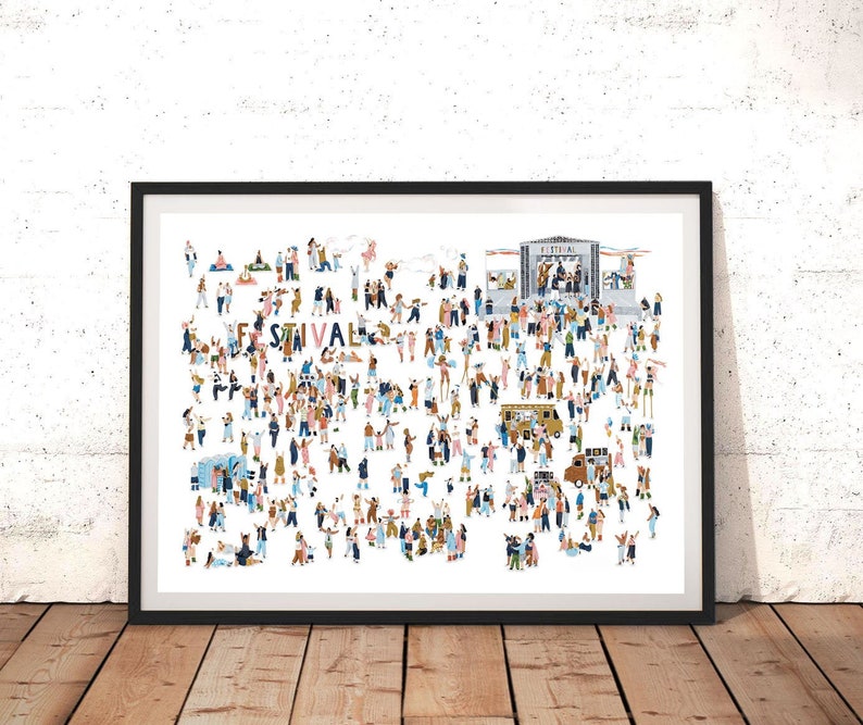 May include: A colorful illustration of a music festival with many people dancing, listening to music, and enjoying food and drinks. The illustration features a stage with a band playing, food trucks, and a variety of people in different outfits. The text "FESTIVAL" is written in the center of the illustration.