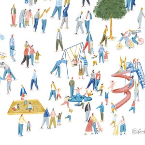 May include: A watercolor illustration of a busy park scene with people of all ages enjoying the outdoors. There are children playing on a swing set, a slide, and a merry-go-round. Adults are walking, talking, and watching their children play. The park is filled with trees, flowers, and benches. There is a large tree in the center of the park with a bench underneath it.